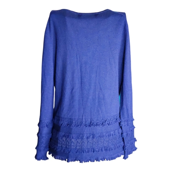 Trina Turk Navy 100% Merino Wool Fringe Sweater V-Neck Medium - Chic & Cozy - Picture 3 of 9